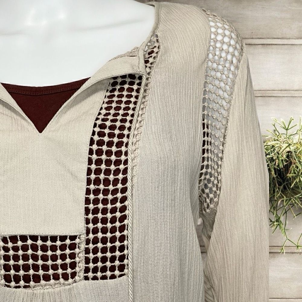 BOHO Embroidered Peasant Top Taupe Beige Tan Crepe Joseph A. Sz S - Picture 4 of 9